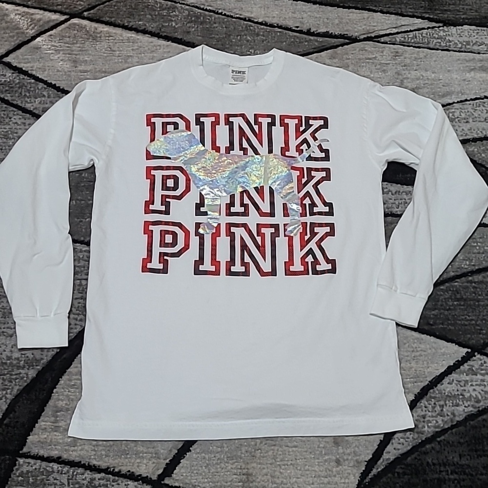 VS PINK 2018 CAMPUS IRIDESCENT SHINE DOG LOGO PLAID LONG-SLEEVE TEE-SHIRT  PRICE